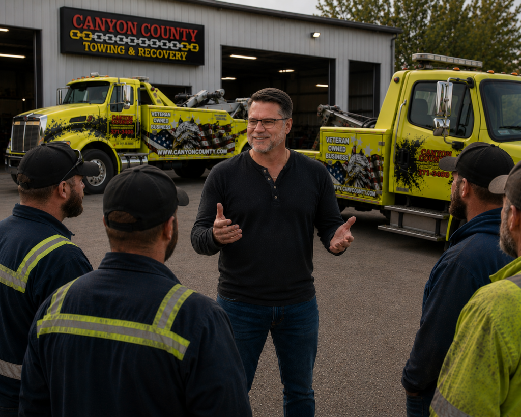 Towing company manager addressing tow truck crew
