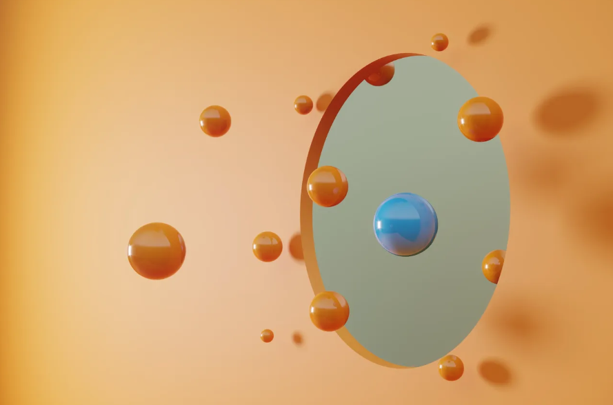 Floating orange spheres surrounding blue sphere and mirror